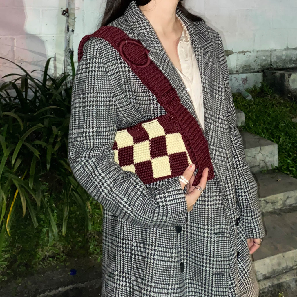 Checkered Mini Brick Bag in Wine and Butter