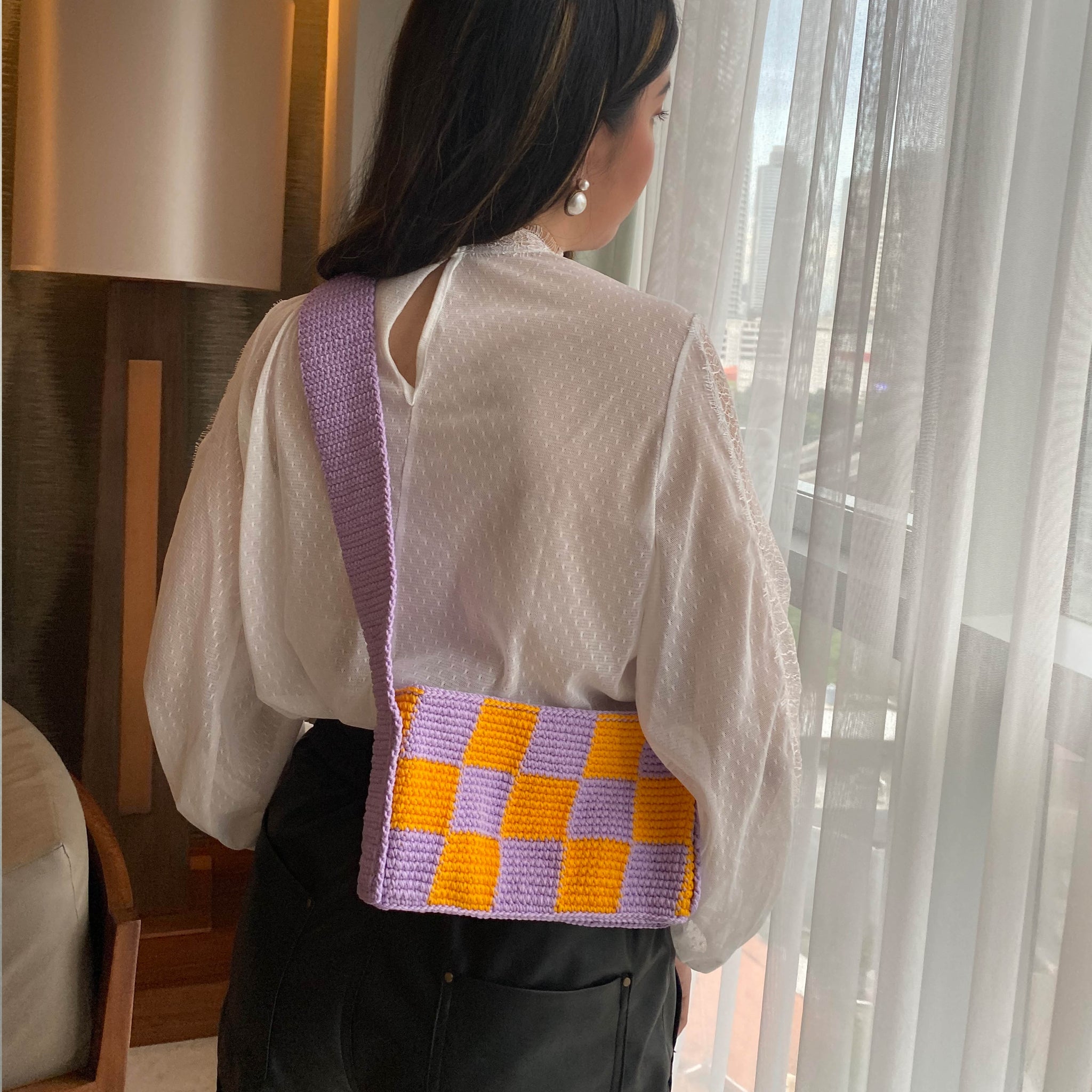 Checkered Mini Brick Bag in Lilac and egg yolk