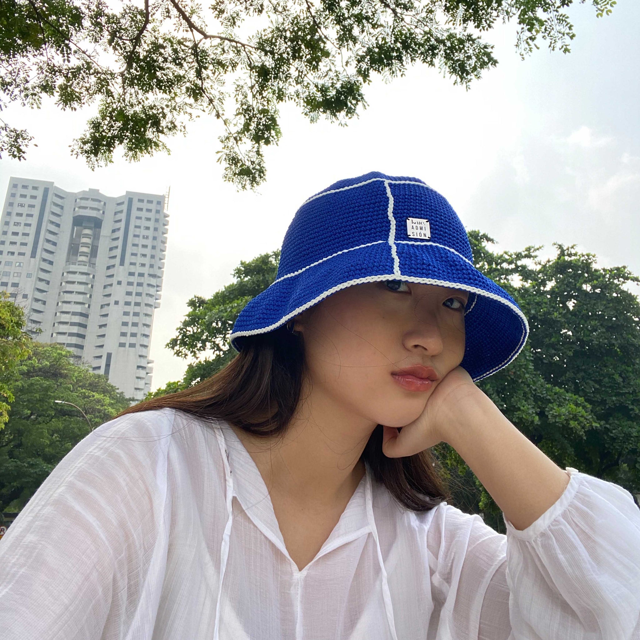 Round Top Bucket Hat in Ocean and White - KAIE X ADMISION