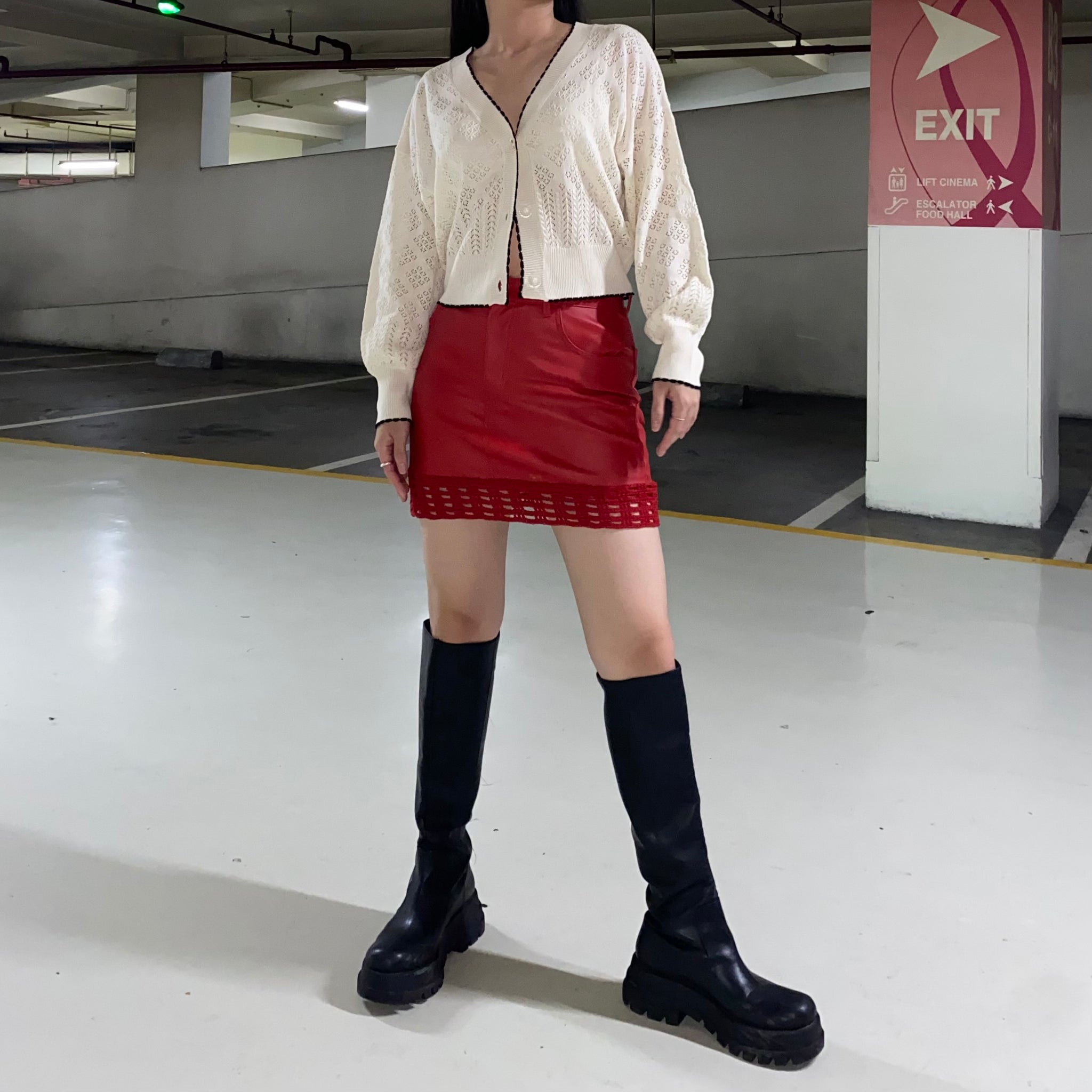Micro Leather Skirt With Crochet in Red