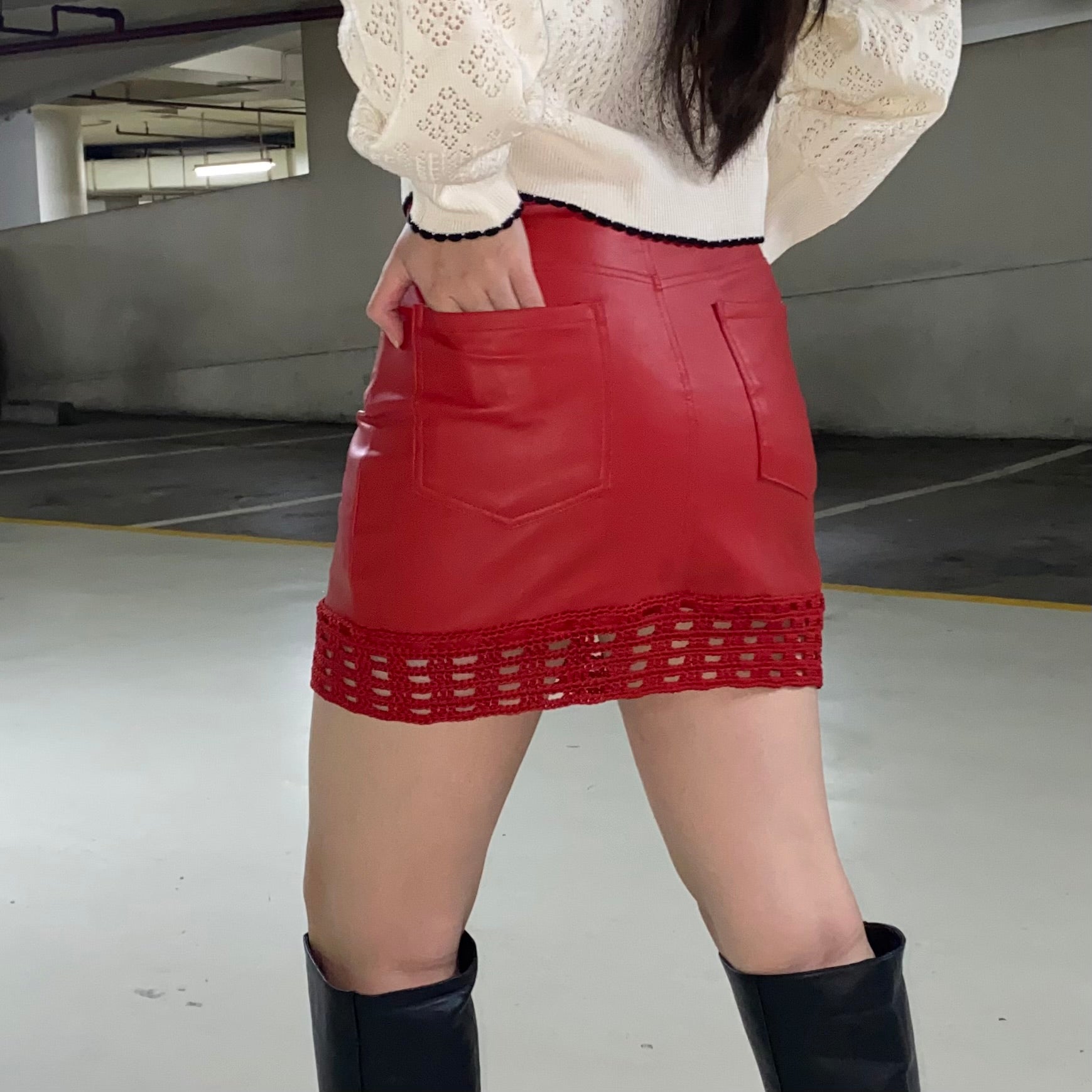 Micro Leather Skirt With Crochet in Red