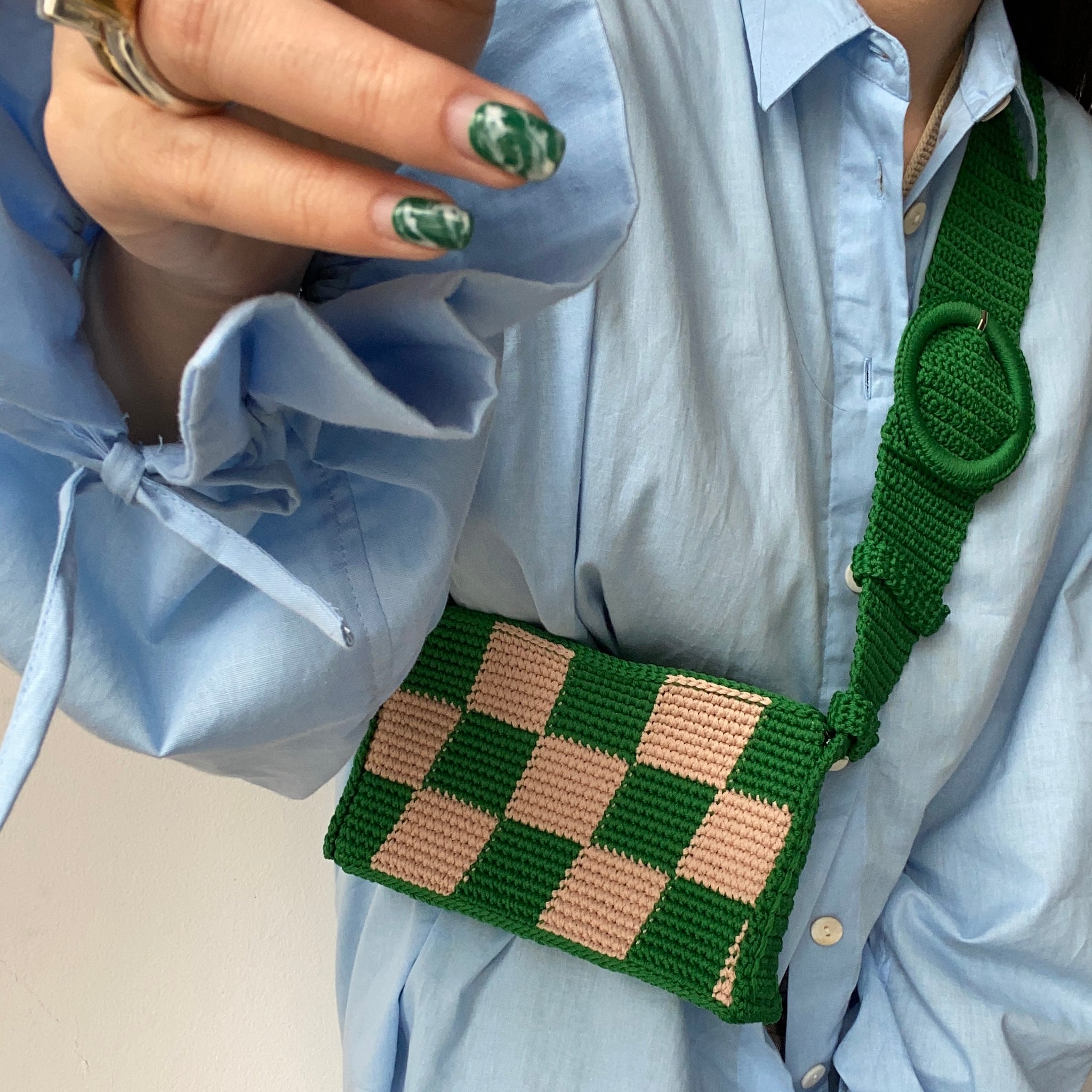 Checkered Mini Brick Bag in Green and Baby Nude
