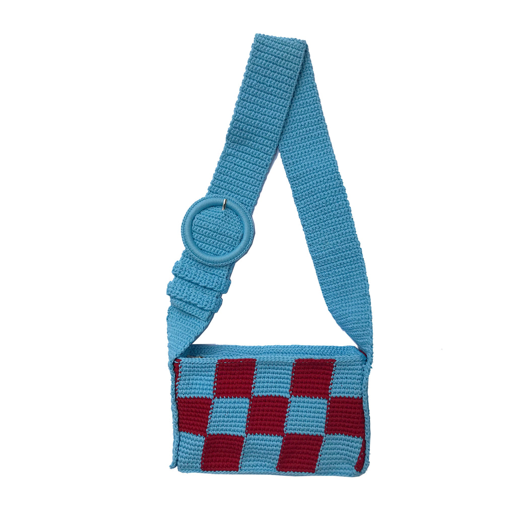 Copy of Checkered Mini Brick Bag in sky blue and red